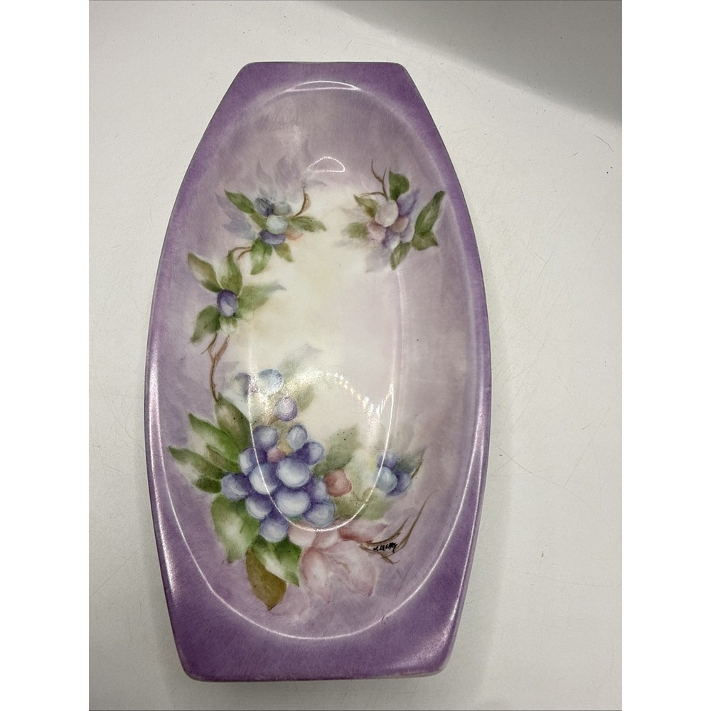 Antique Hand Painted Violet Porcelain Trinket Tray Dish Dresser Tray 9"L 4.5"W